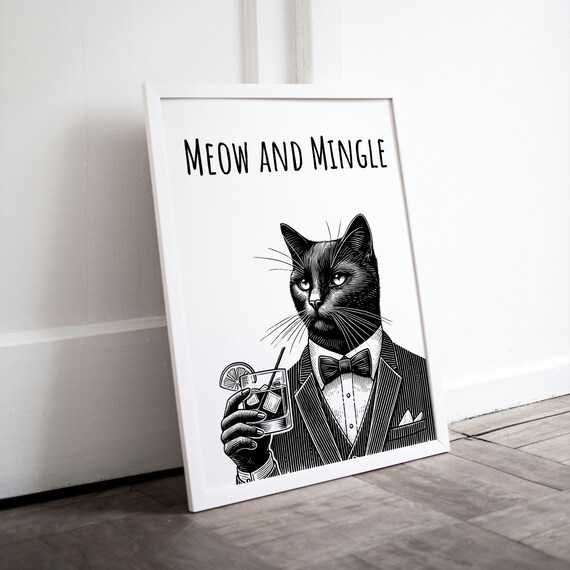 Meow and Mingle Black Cat Tuxedo Cocktail Funny Animal Bar Poster
