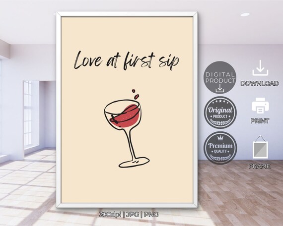 Love at First Sip Wine Glass Line Art Cream Minimalist Kitchen Poster
