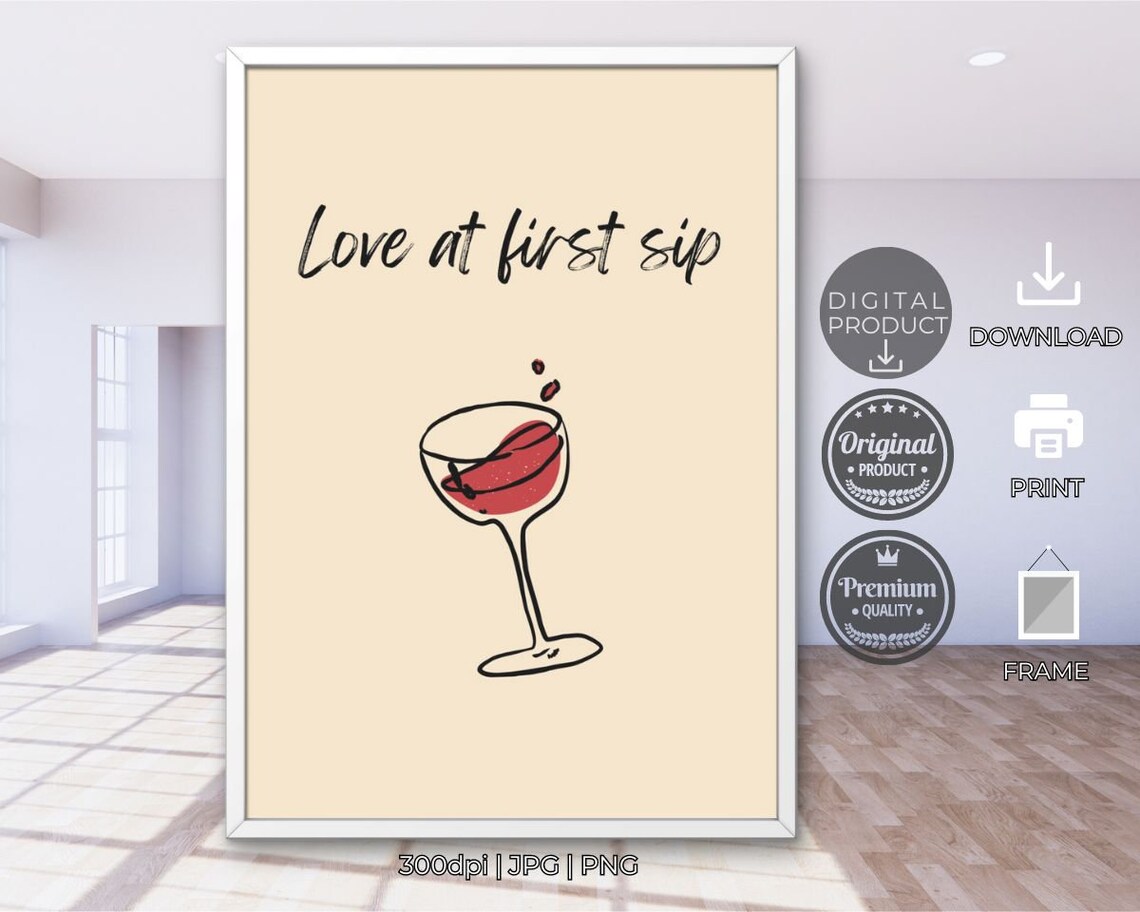 Love at First Sip Wine Glass Line Art Cream Minimalist Kitchen Poster