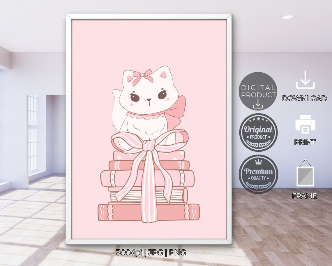 Cute White Cat With Pink Bow On Stack Of Books Nursery Wall Poster