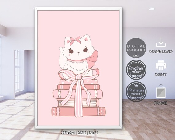 Cute White Cat With Pink Bow On Stack Of Books Nursery Wall Poster
