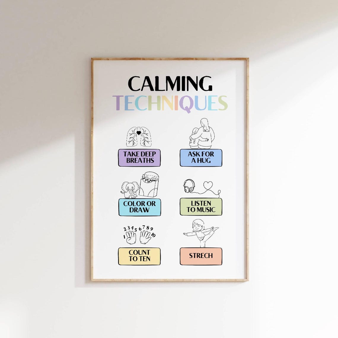 Calming Techniques Poster For Kids Stress Relief Classroom Decor Chart