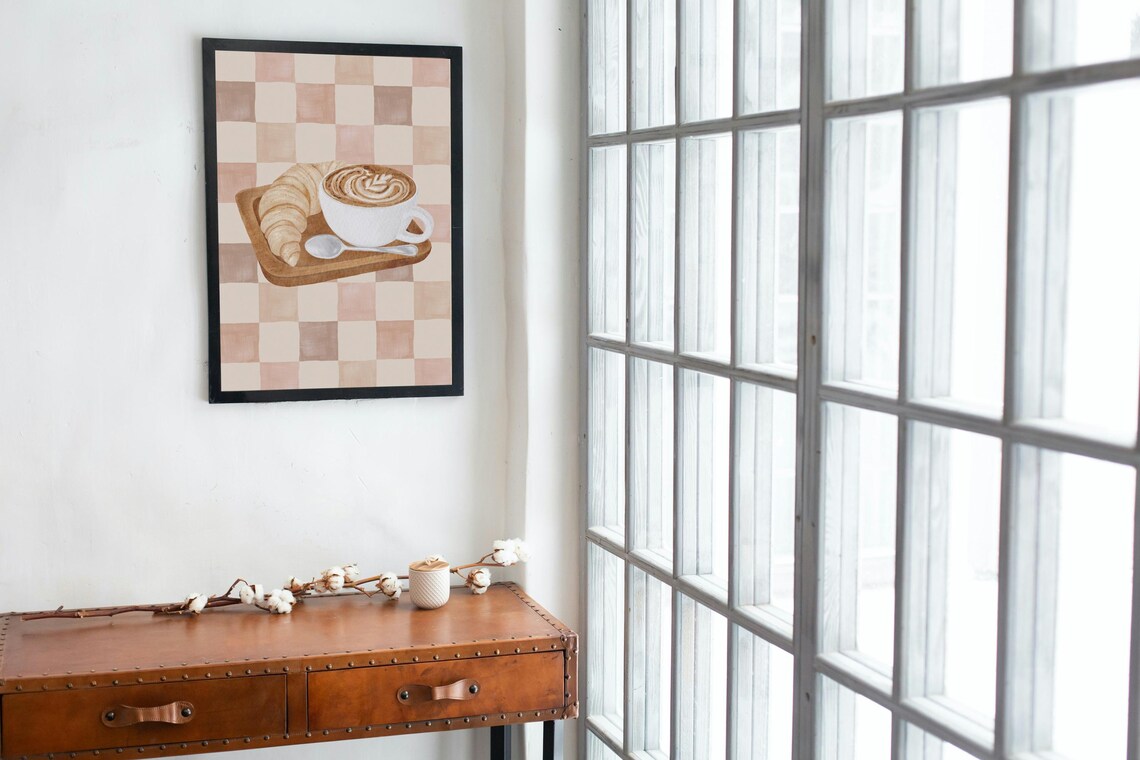 Croissant And Cappuccino Watercolor Print Cozy Cafe Breakfast Decor - Image 2