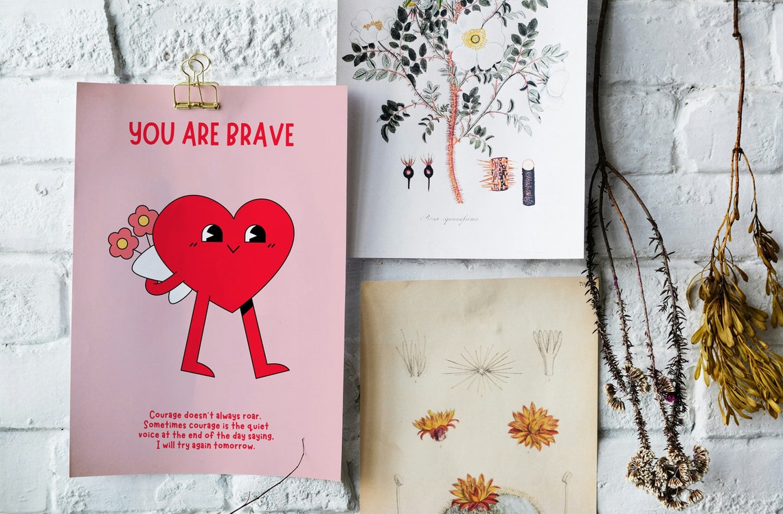 You Are Brave Cute Heart Flowers Pink Courage Affirmation Poster - Image 3
