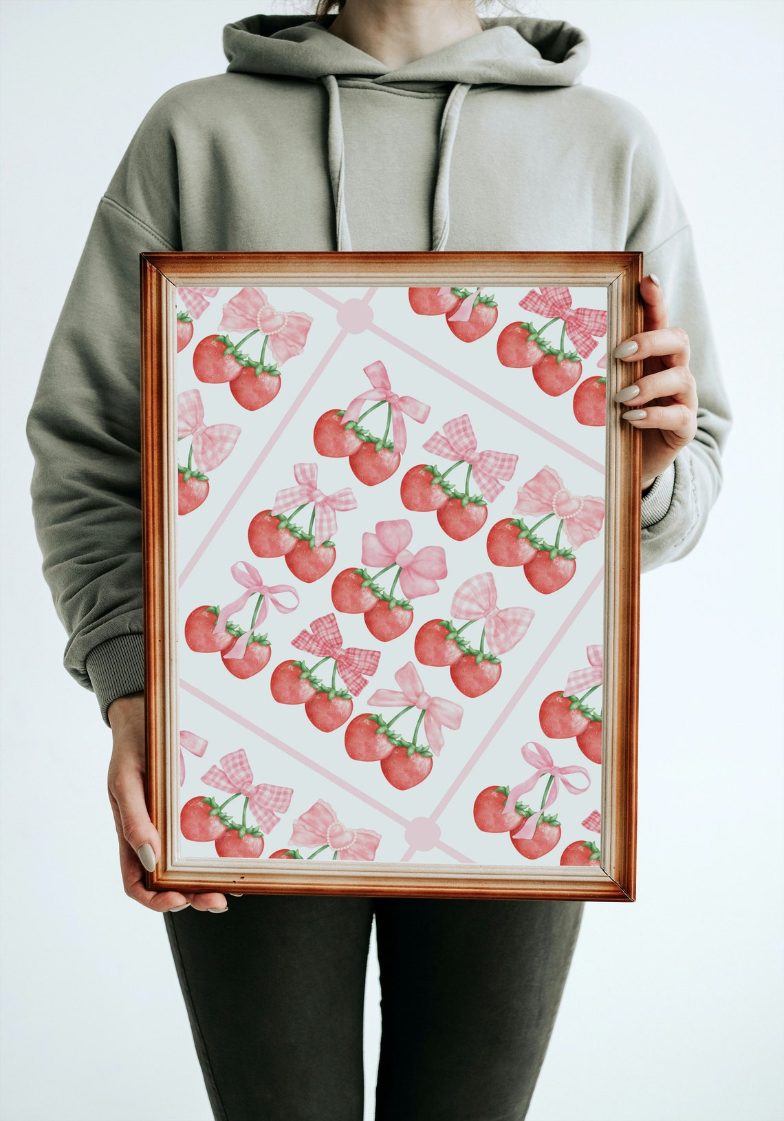 Strawberries With Pink Bows Coquette Pattern Aesthetic Wall Poster - Image 3