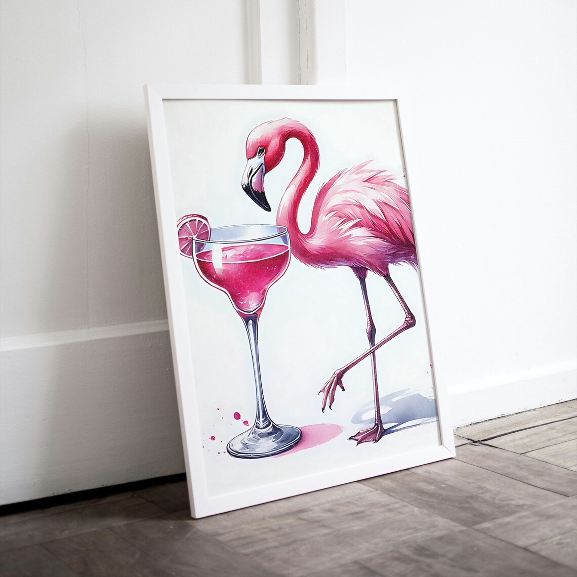 Pink Flamingo Cocktail Watercolor Fun Tropical Summer Poster - Image 2