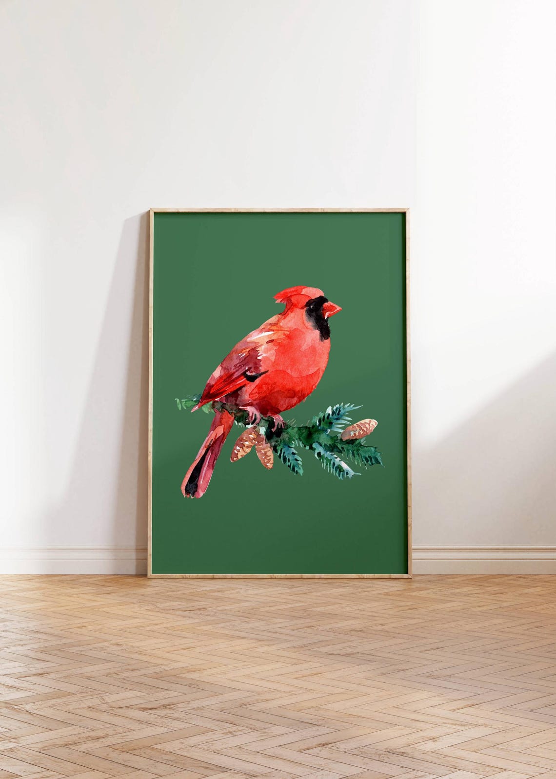 Red Cardinal Bird on Pine Branch Watercolor Winter Nature Green Poster - Image 2