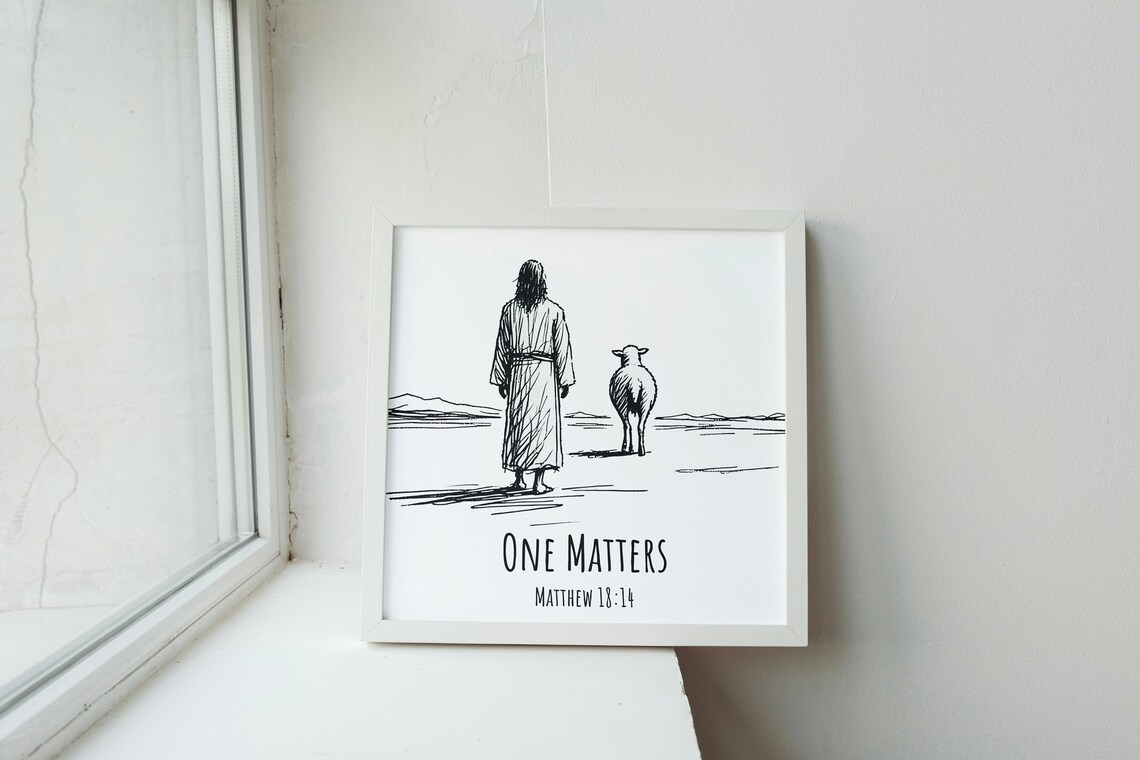 One Matters Matthew 18 14 Good Shepherd Jesus Sheep Line Art Christian Poster - Image 3