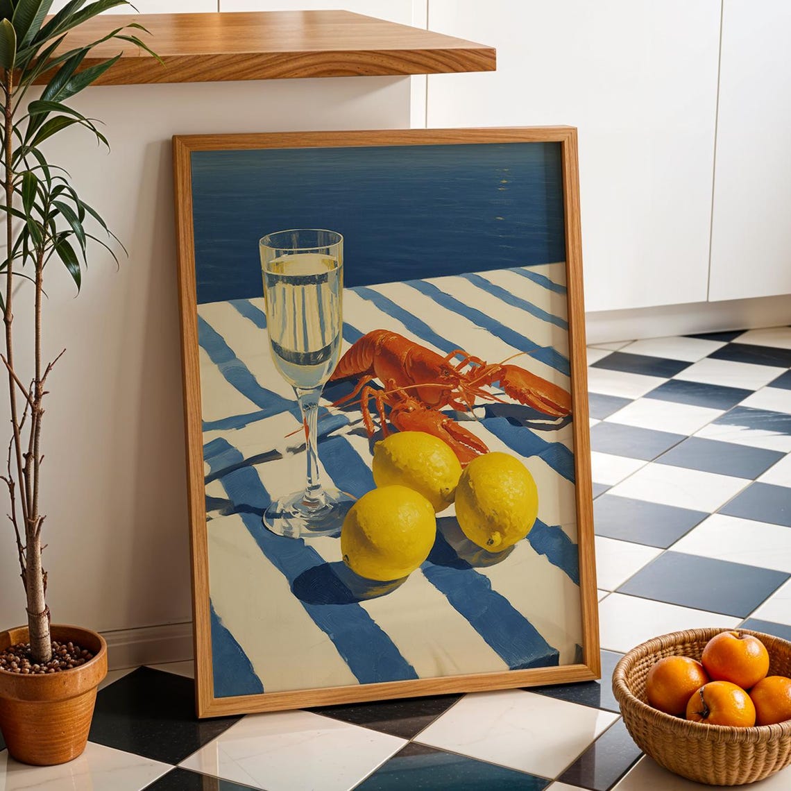 Retro Lobster Lemons White Wine Coastal Kitchen Food Art Poster