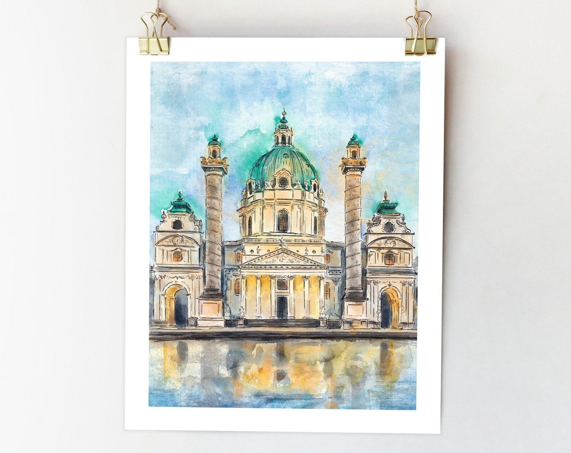 Vienna St Charles Church Watercolor Austria City Landmark Poster
