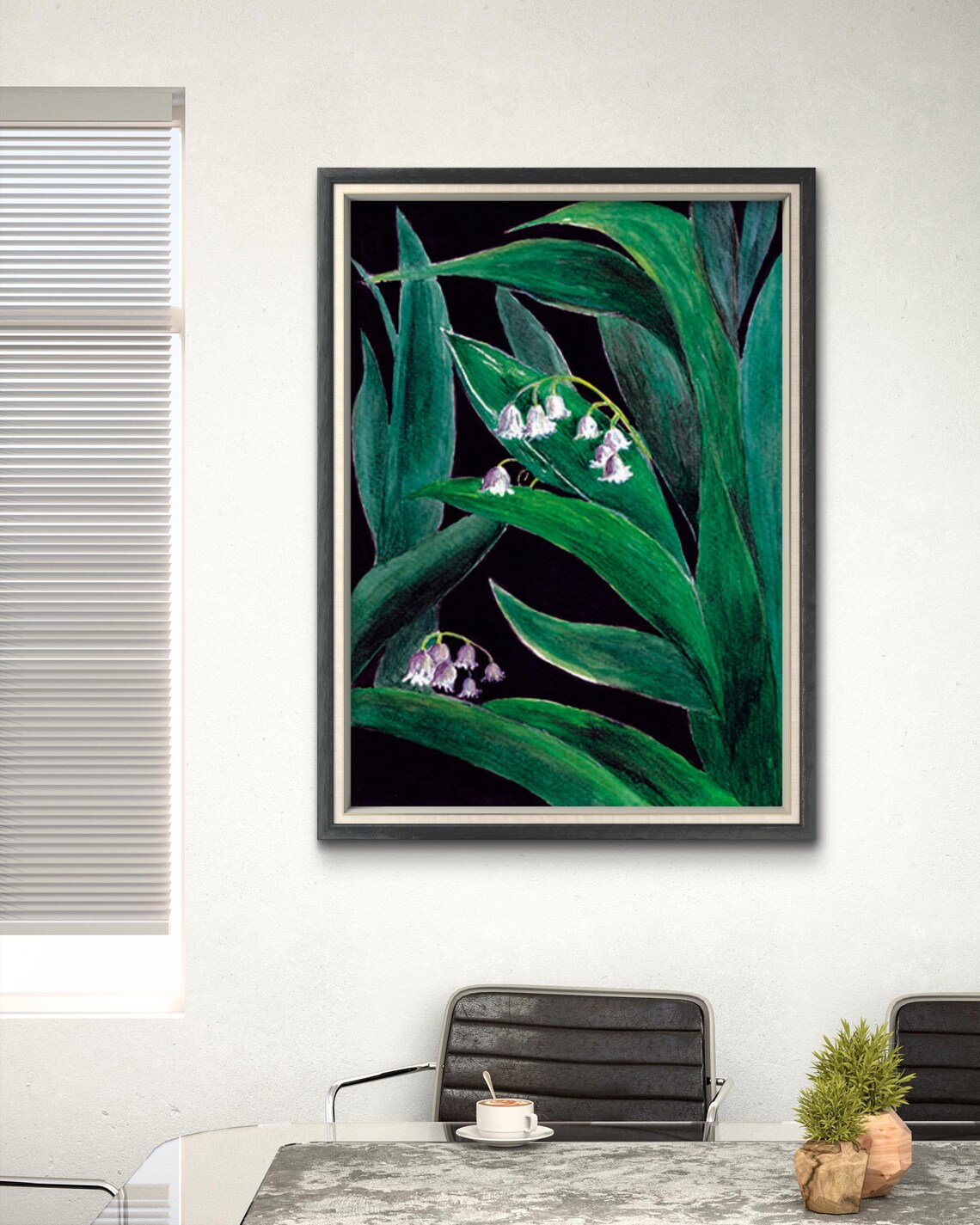 Lily of the Valley Dark Botanical Watercolor Moody Green Leaves Art Poster