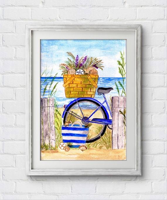 Vintage Blue Bicycle Beach Basket Lavender Coastal Watercolor Print