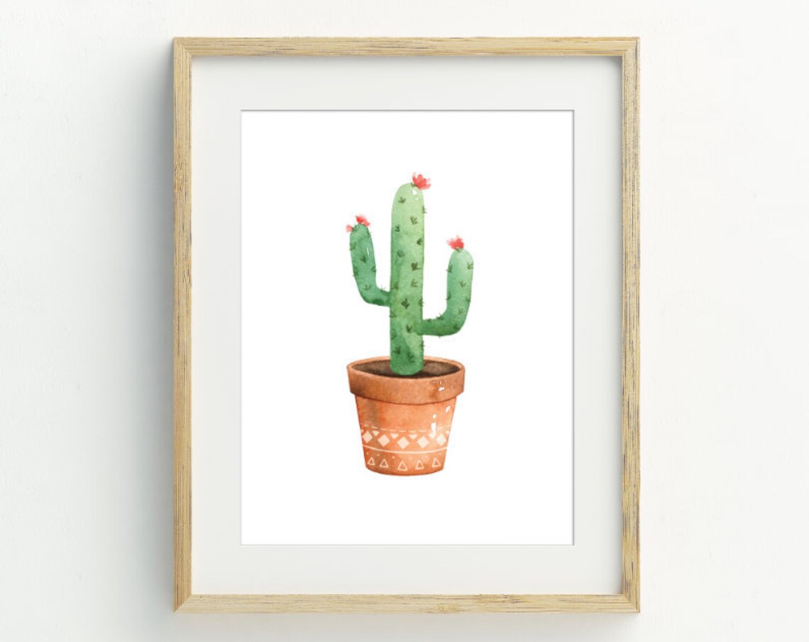 Watercolor Saguaro Cactus Red Blossoms Terracotta Pot Wall Art Print