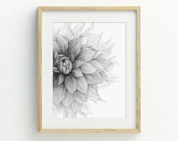 Dahlia Flower Print, Modern Black and White Art Print