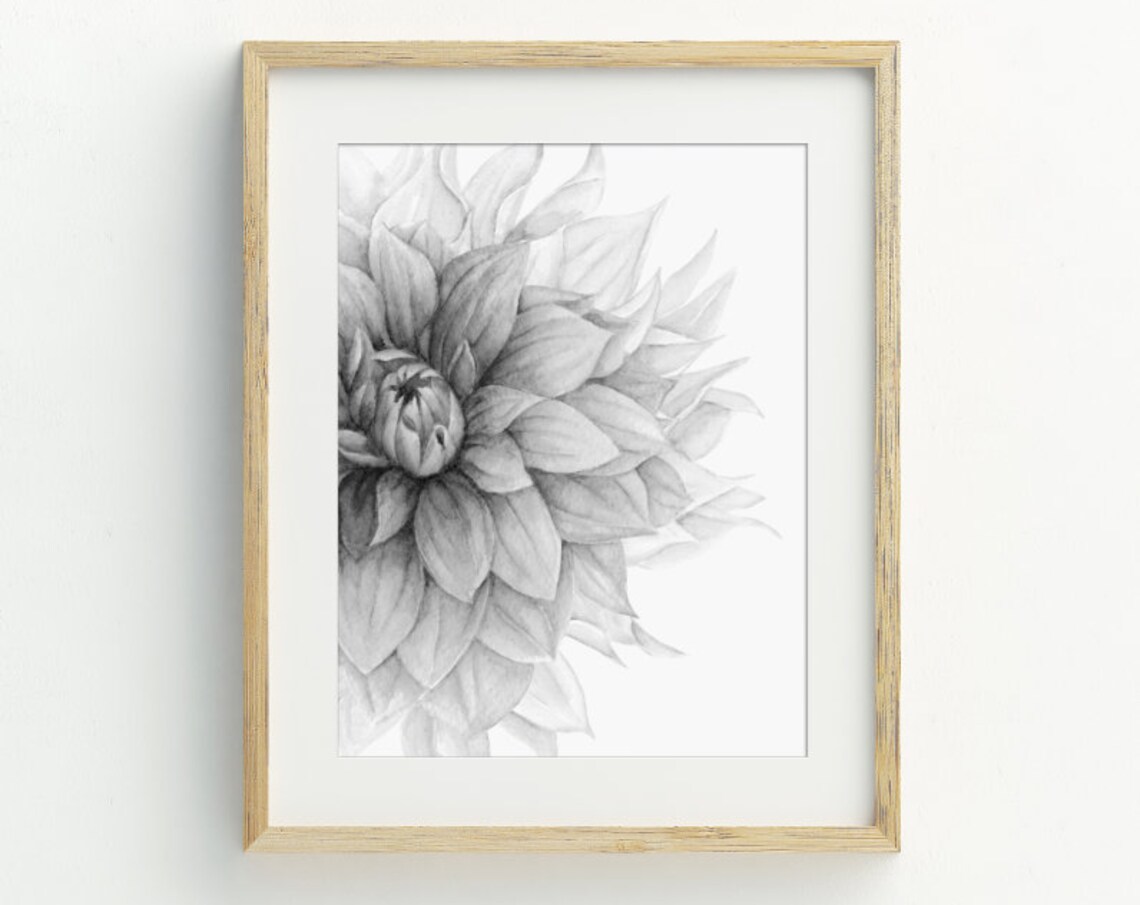Dahlia Flower Print, Modern Black and White Art Print