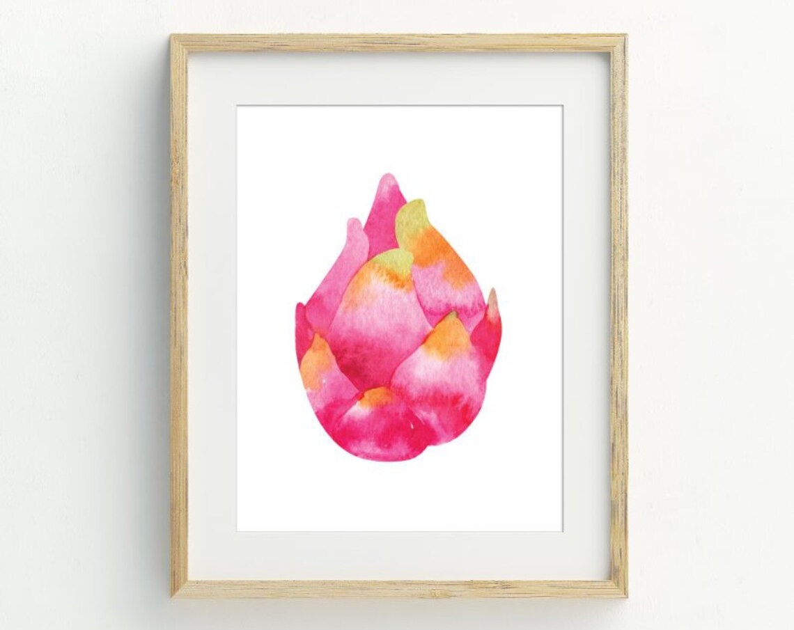 Dragonfruit Watercolor Pink Gold Tropical Fruit Kitchen Vibrant Juicy Art Print