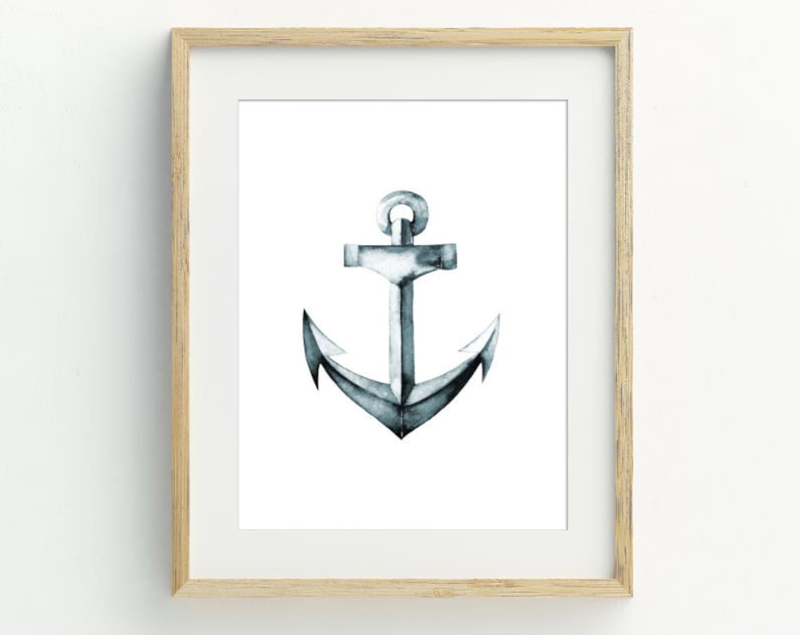 Watercolor Anchor Art Print Blue Grey Nautical Coastal Beach House Wall Decor