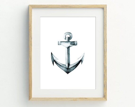 Watercolor Anchor Art Print Blue Grey Nautical Coastal Beach House Wall Decor