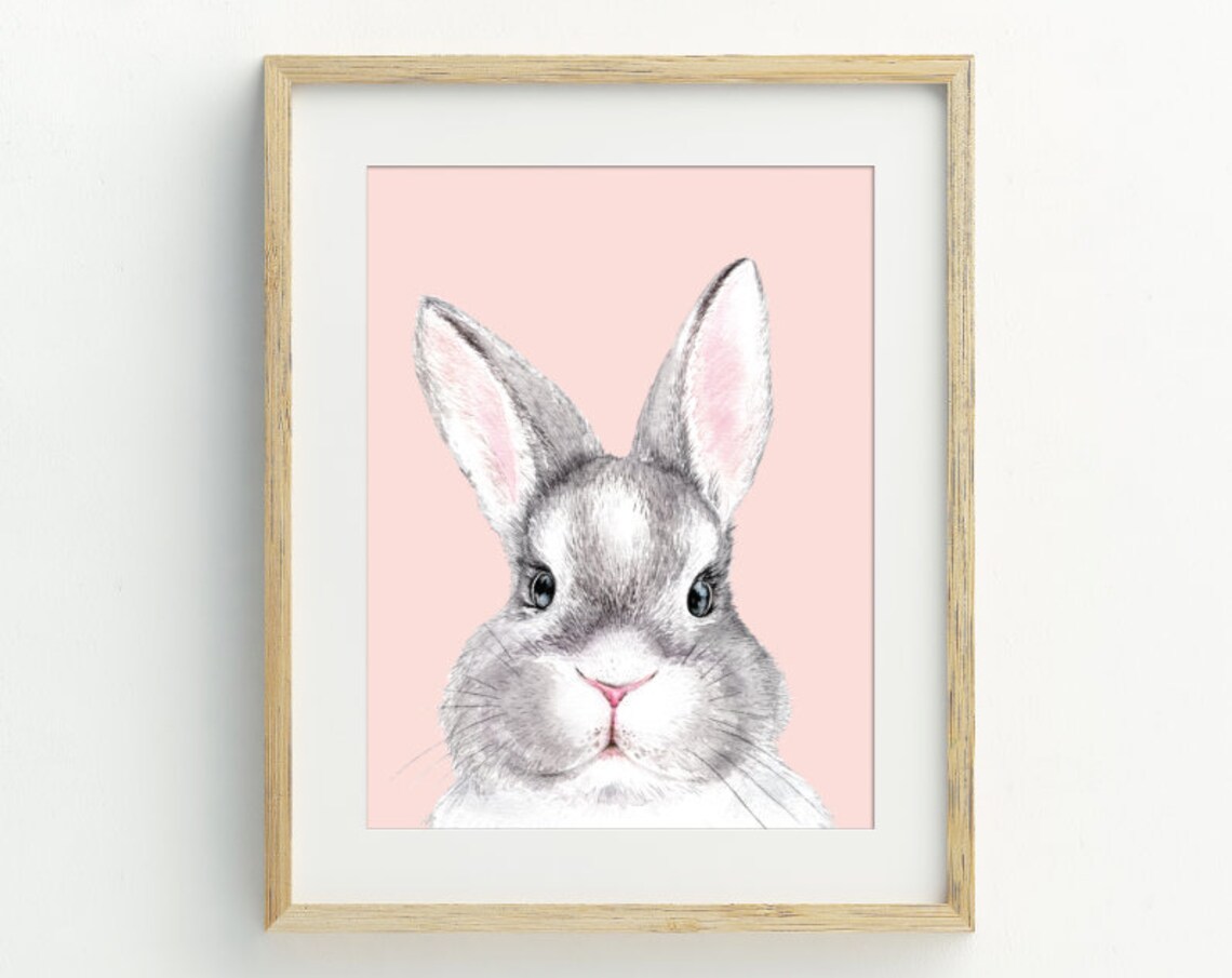 Gray Bunny Rabbit Watercolor Pink Nursery Baby Girl Room Wall Art Print