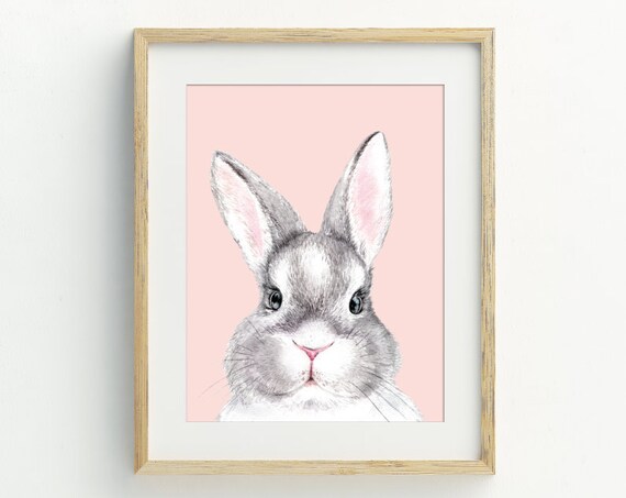 Gray Bunny Rabbit Watercolor Pink Nursery Baby Girl Room Wall Art Print