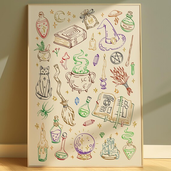 Witchy Magic Doodles Spell Book Potion Halloween Decor Poster