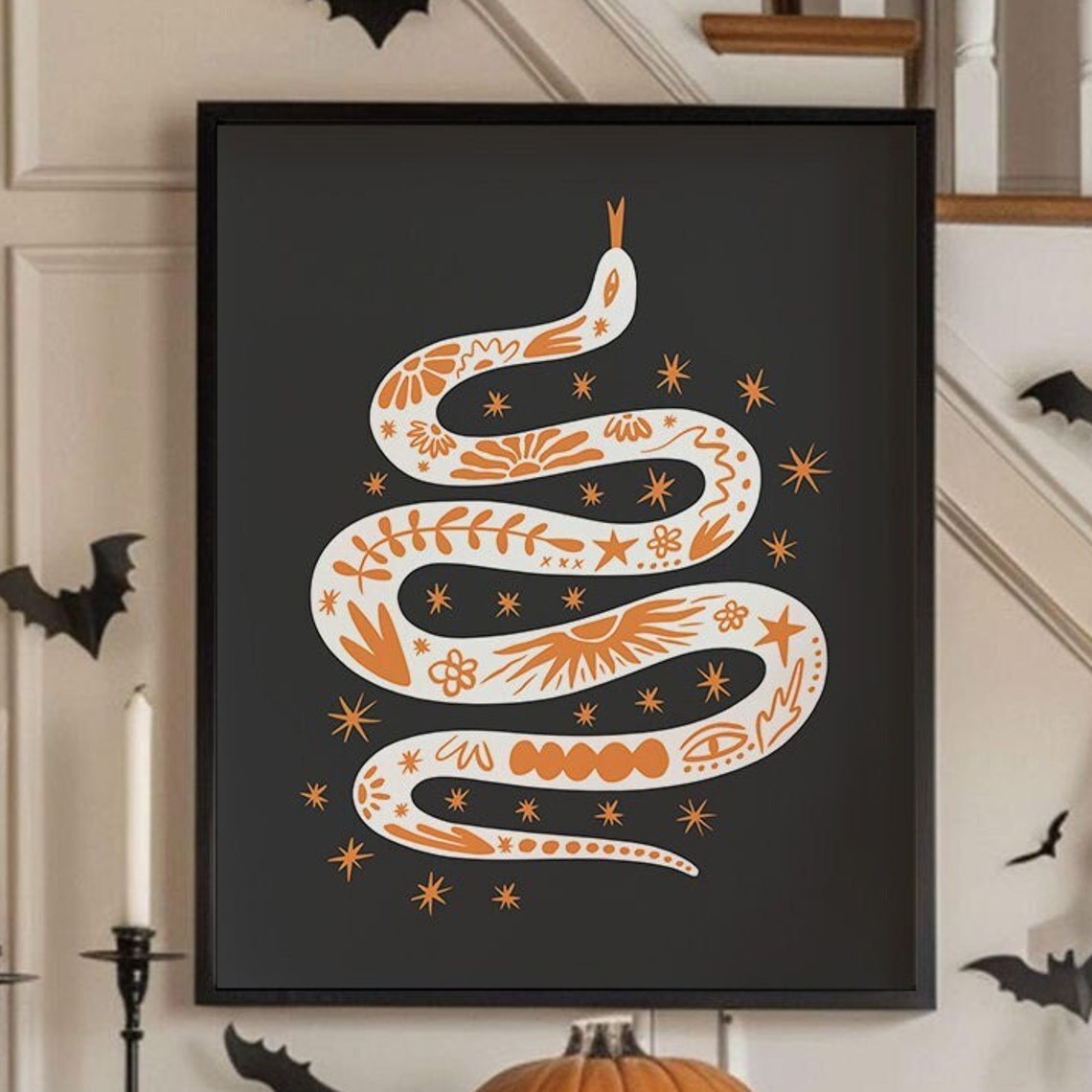 Boho Tattoo Snake Orange Halloween Illustration Black Art Poster