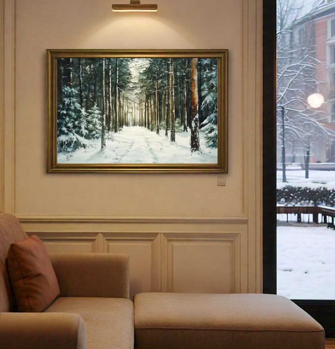 Snowy Pine Forest Sunlit Trail Winter Watercolor Landscape Poster - Image 2