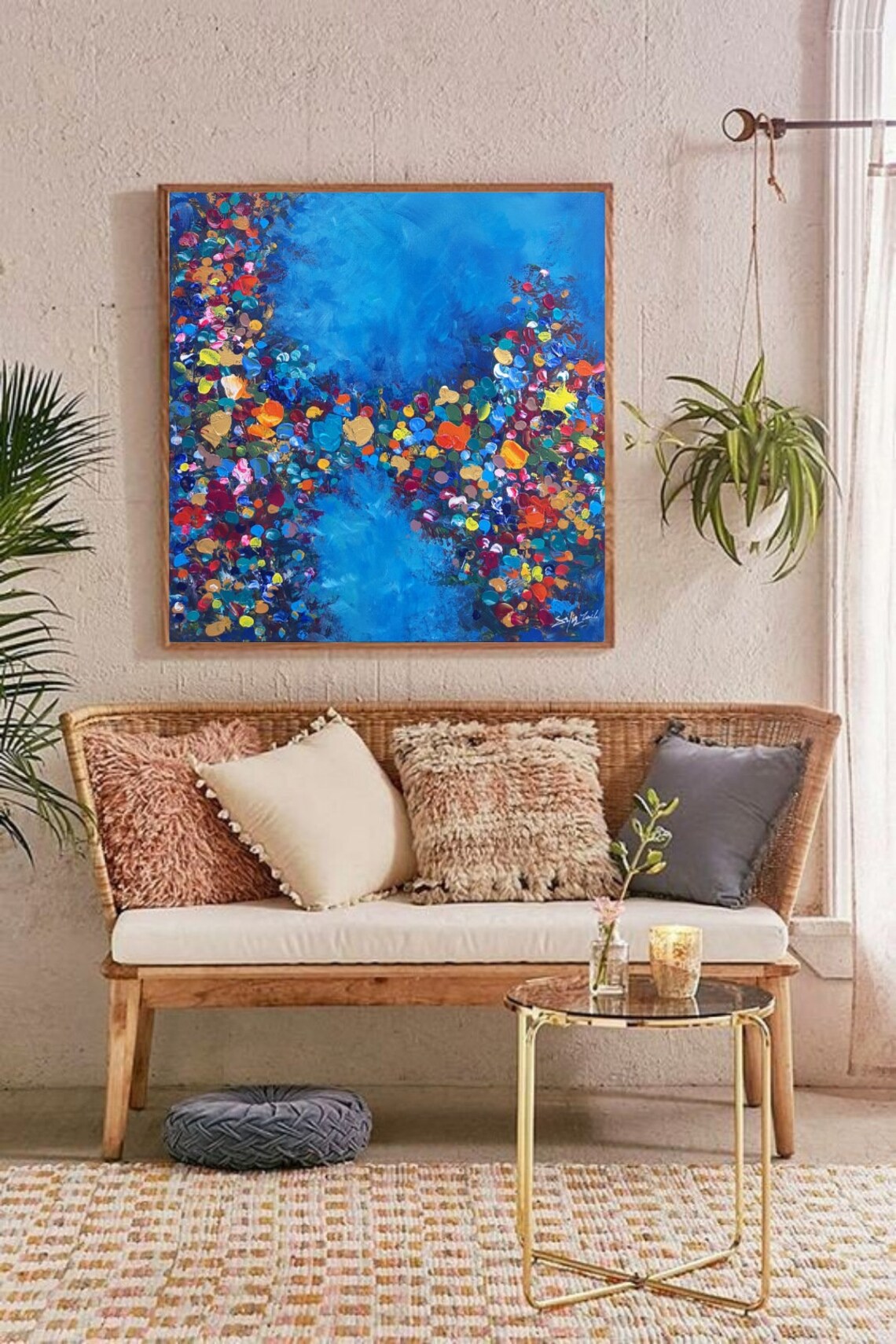 Abstract Colorful Heart Impasto Oil Painting on Blue Love Art Poster - Image 2