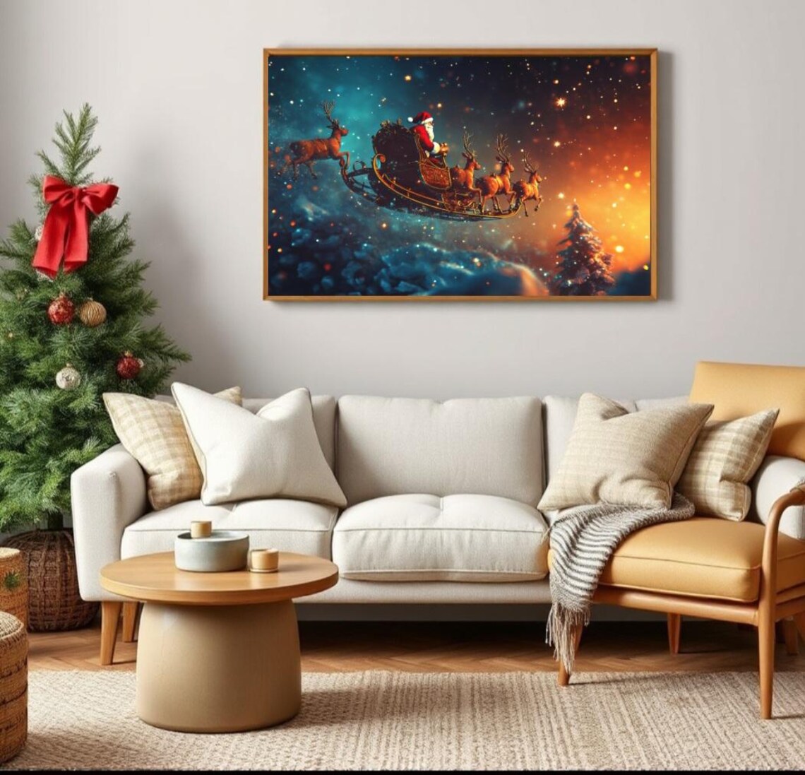 Santa Claus Sleigh Starry Night Sky Reindeer Magical Art Poster