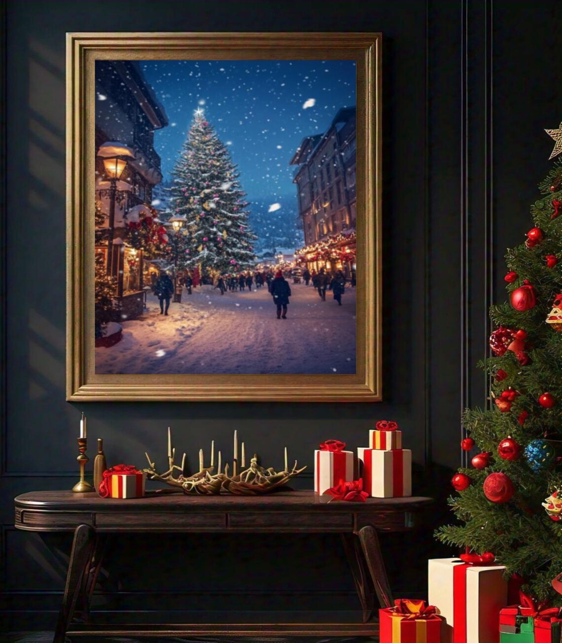 Snowy Christmas Market Street Night Lamplight Tree Crowd Poster - Image 2