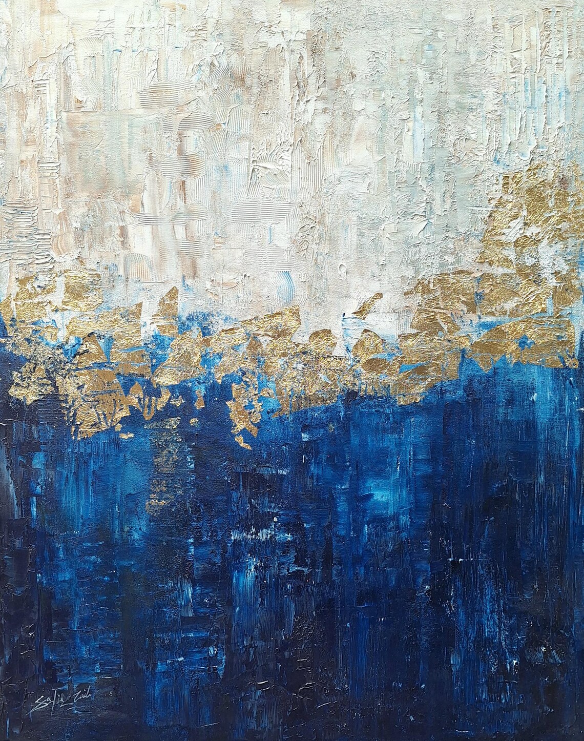 Navy Blue White Gold Horizon Abstract Modern Painting Poster - Image 2