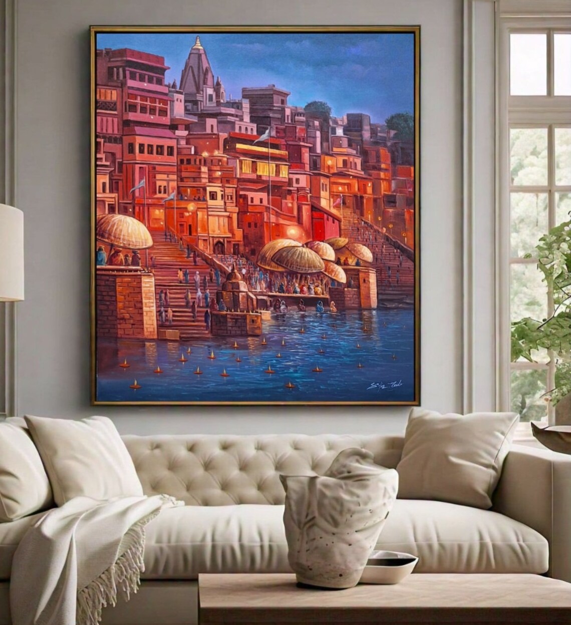 Varanasi Ghats at Dusk Floating Diyas on the Ganges Indian Art Poster