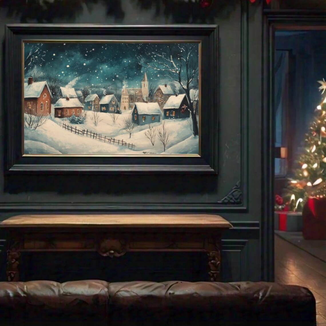 Snowy Village Church Steeple Starry Teal Night Winter Scene Poster - Image 2