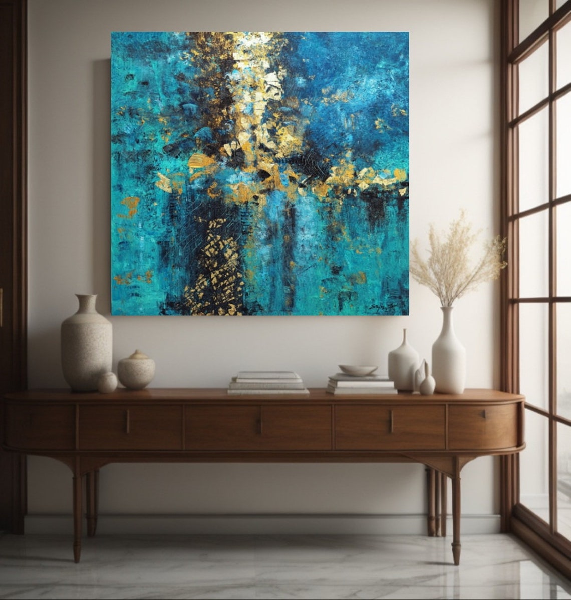 Turquoise Gold Abstract Textured Painting Deep Ocean Luxe Poster - Image 2