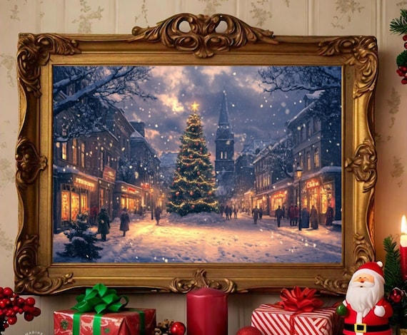 Christmas Tree Print Christmas Wall Art Winter Prints Moody Wall Art Christmas Village Tree Painting Prints