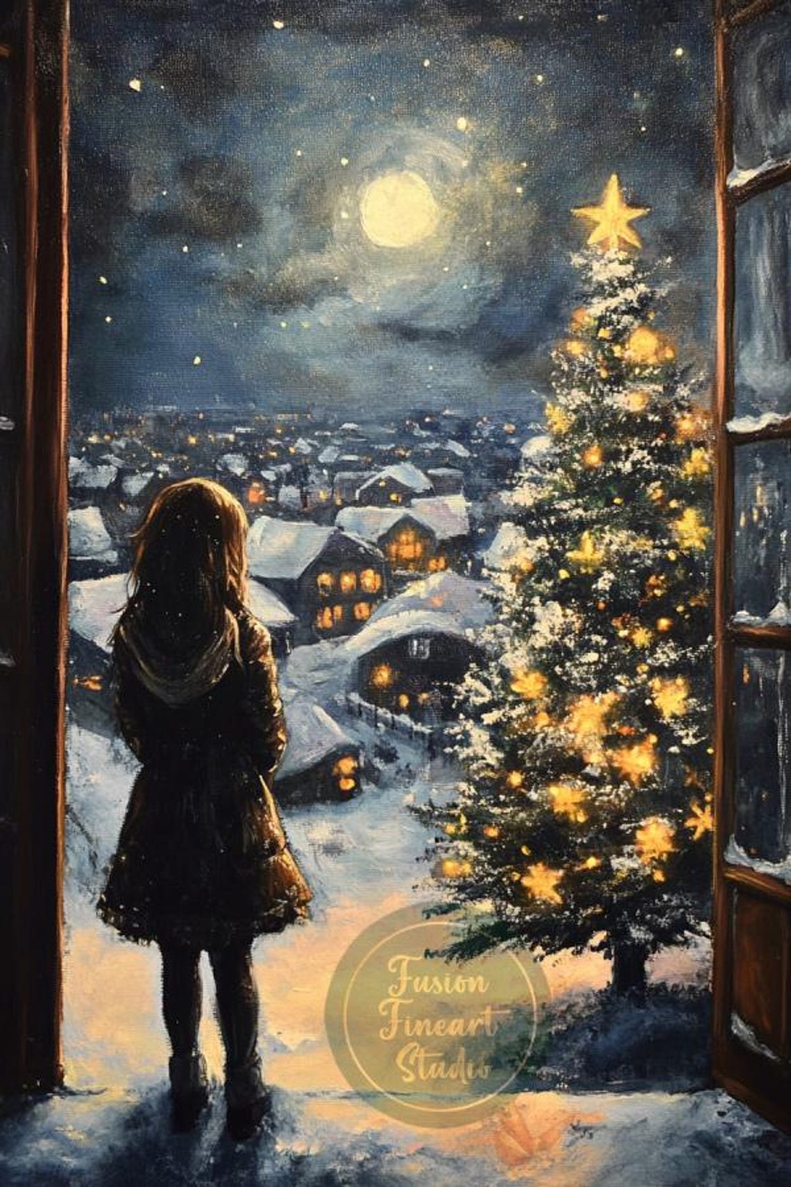 Girl at Window Snowy Village Christmas Tree Moonlit Night Poster - Image 3
