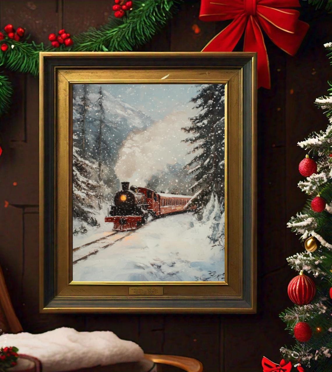 Vintage Steam Train Through Snowy Mountains Winter Railroad Art Poster - Image 2