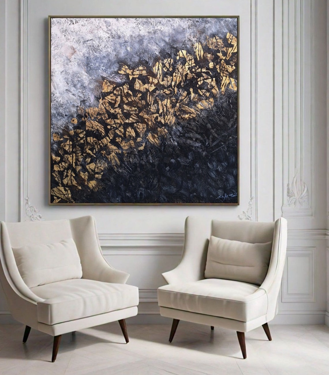 Black Gold Abstract Swirl Misty Gray Modern Luxury Dramatic Poster