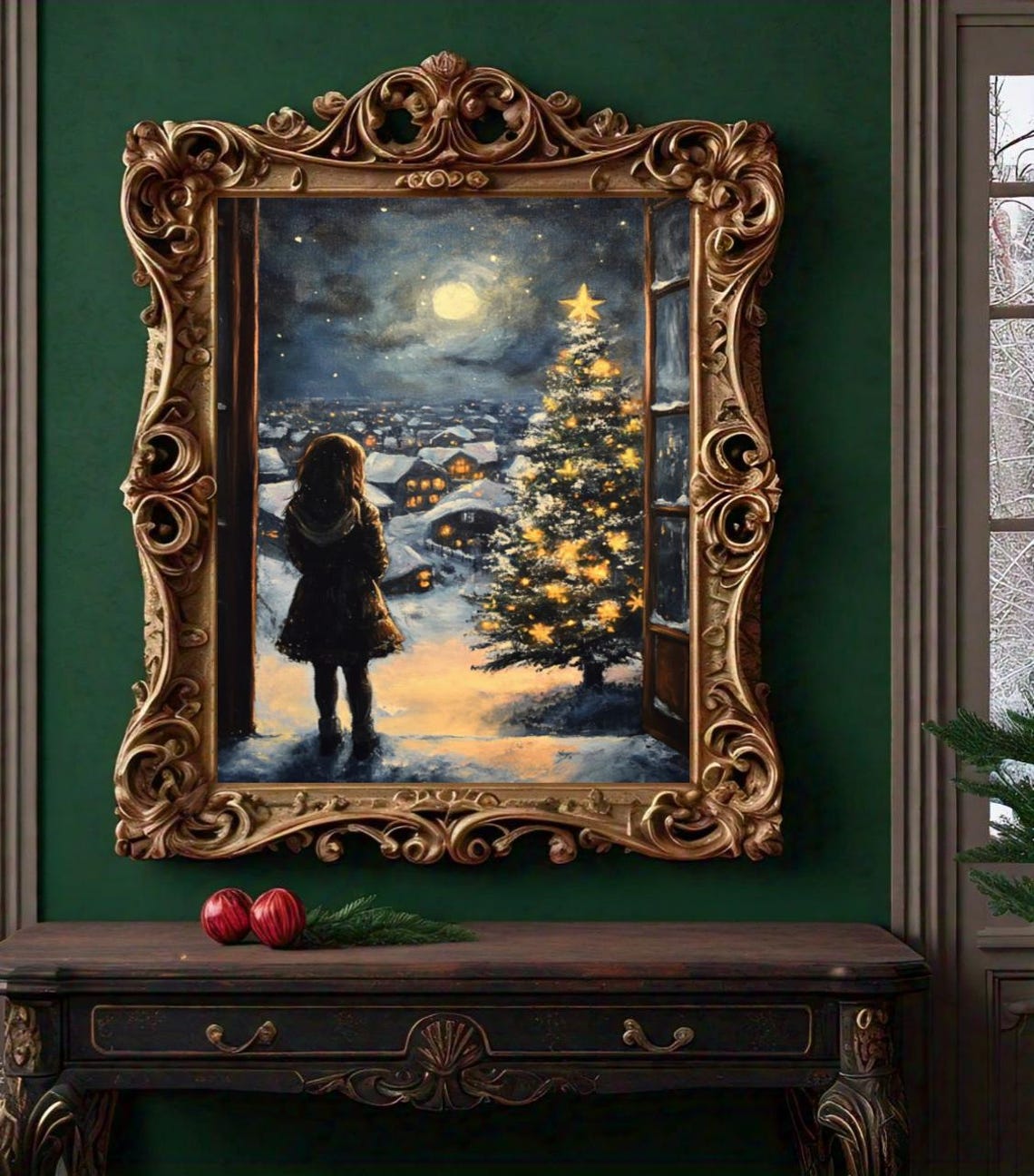 Girl at Window Snowy Village Christmas Tree Moonlit Night Poster - Image 2