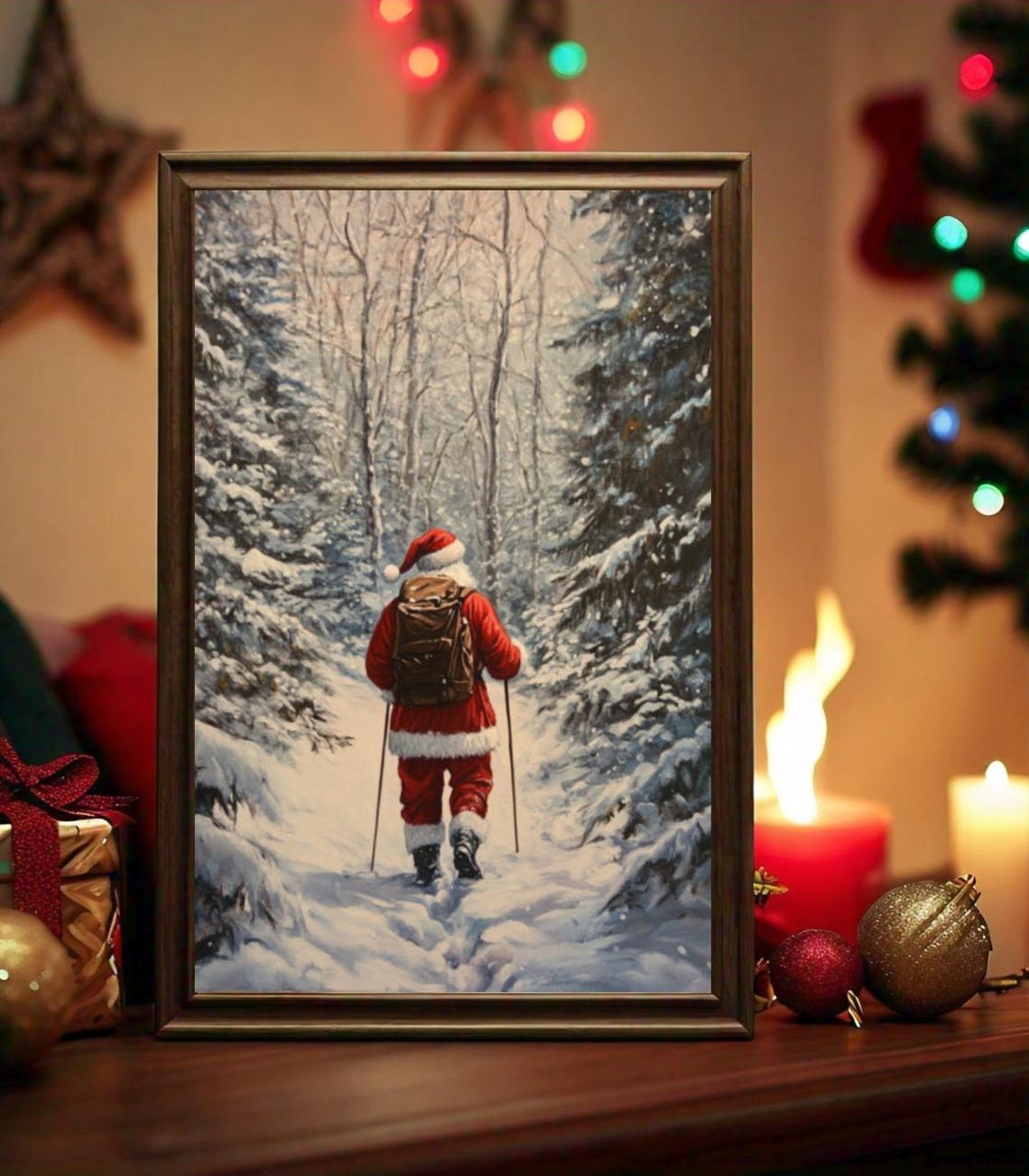 Santa Claus Hiking Through Snowy Forest with Backpack Christmas Poster