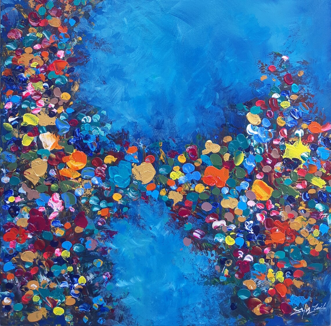 Abstract Colorful Heart Impasto Oil Painting on Blue Love Art Poster