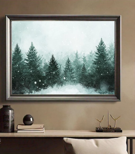Misty Pine Forest Falling Snow Teal Winter Watercolor Painting Poster