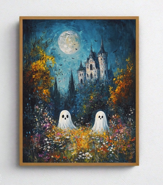Two Ghosts in Wildflower Field Gothic Castle Full Moon Night Poster