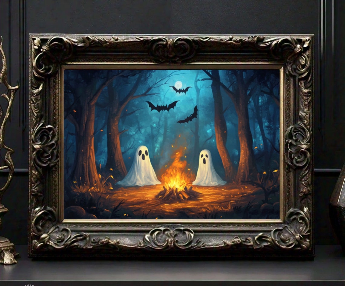 Two Cute Ghosts by Campfire in Moonlit Forest Bats Halloween Poster