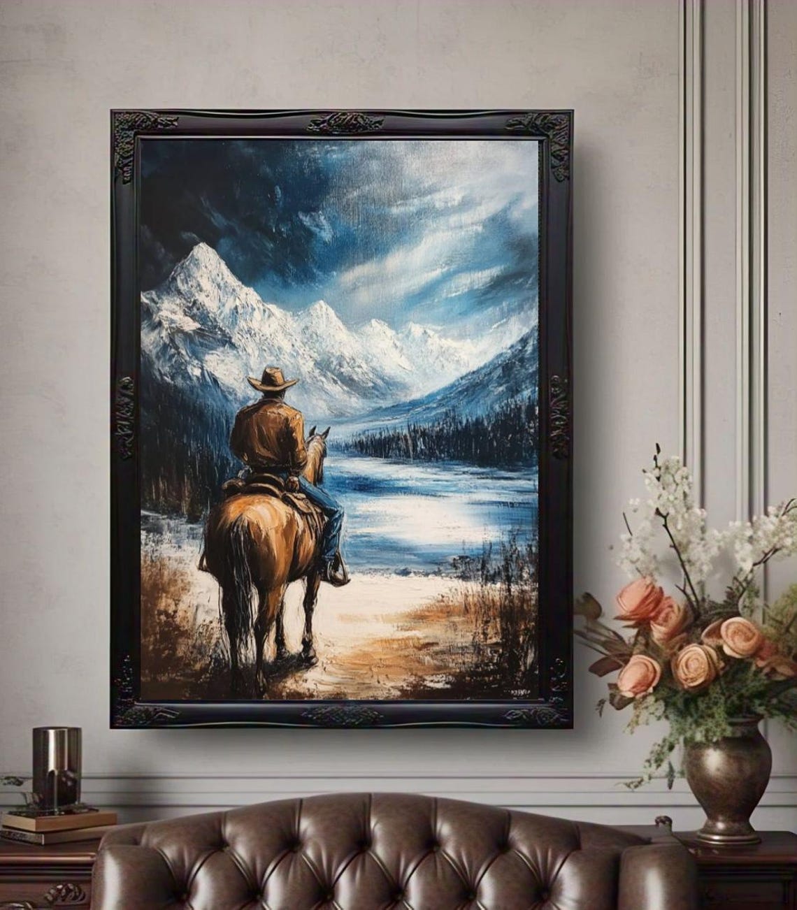 Cowboy Horseback Snowy Mountain Lake Western Frontier Poster