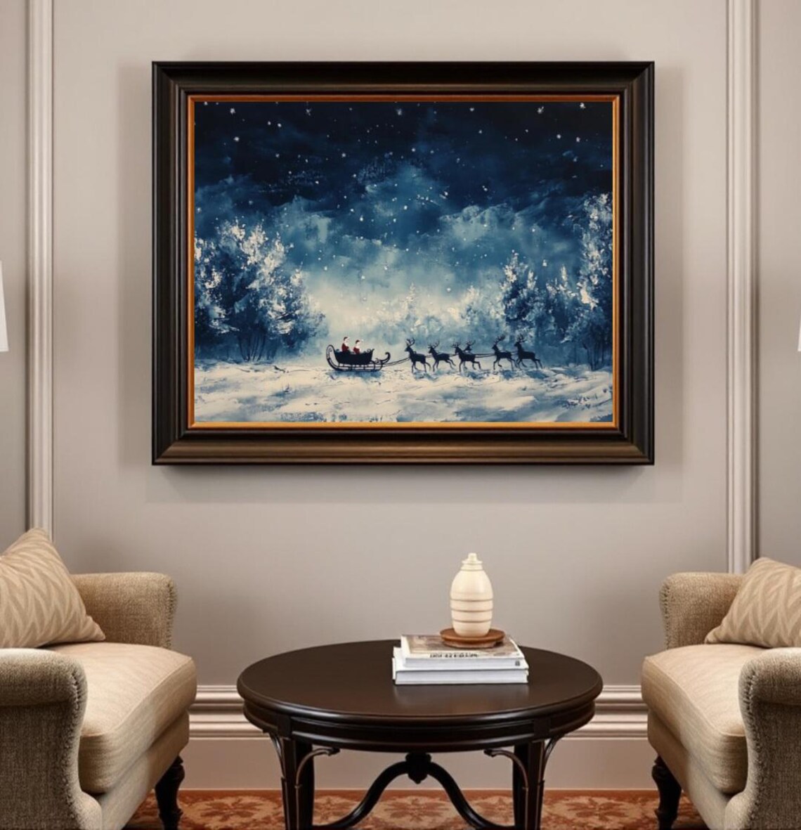 Santa Claus Sleigh Reindeer Night Flight Snowy Blue Watercolor Poster - Image 2