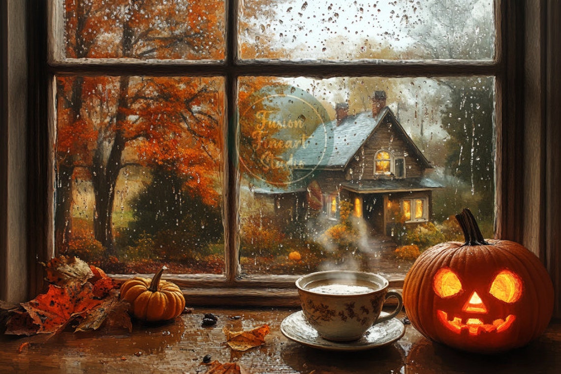 Jack O Lantern Coffee on Rainy Halloween Window Dark Academia Poster - Image 3