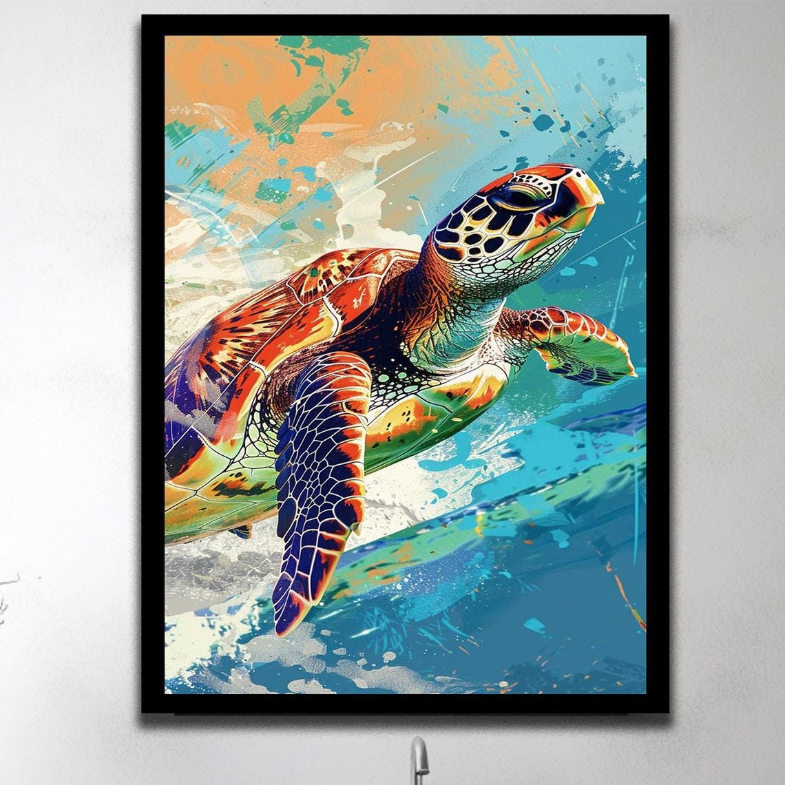 Colorful Sea Turtle Gliding Through Ocean Water Pop Art Poster