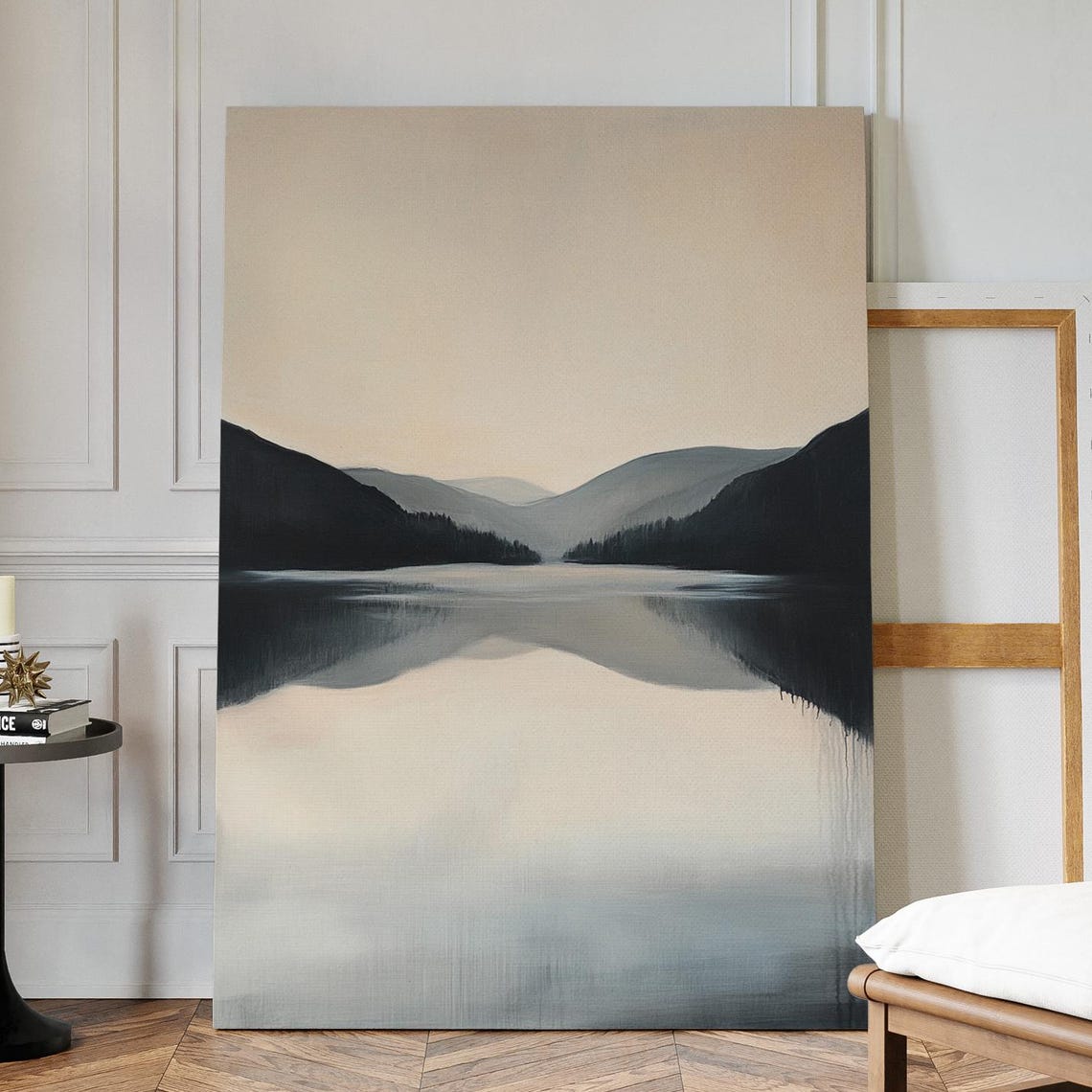 Minimalist Mountain Lake Reflection In Soft Neutral Tones Poster