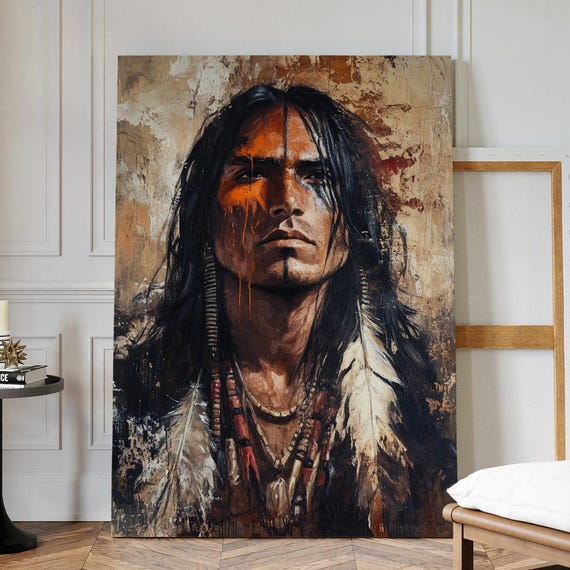 Tribal Warrior Portrait Canvas Native Feather Headdress Bold Face Paint Western Rustic Art For Masculine Wall Decor